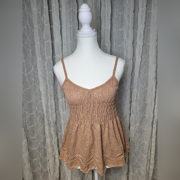 URBAN Romantics Tops - URBAN Romantics Tan Eylet Smocked Pemplum Top